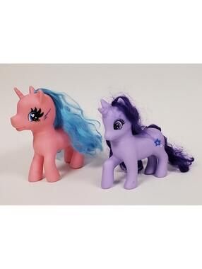 Vintage 2 My Little Pony Unicorns Pink Blue Hair + Purple Star Cutie Mark Lot